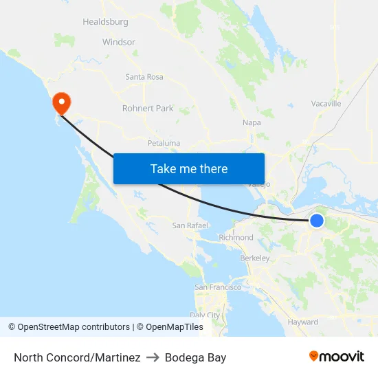 North Concord/Martinez to Bodega Bay map
