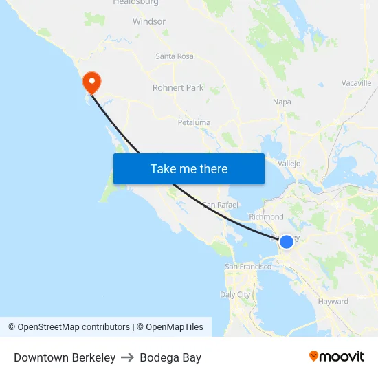 Downtown Berkeley to Bodega Bay map