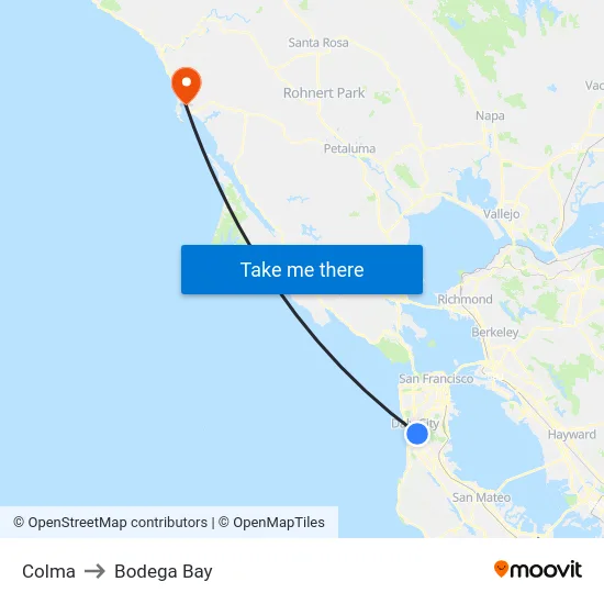 Colma to Bodega Bay map