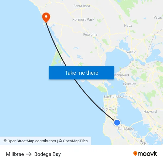 Millbrae to Bodega Bay map