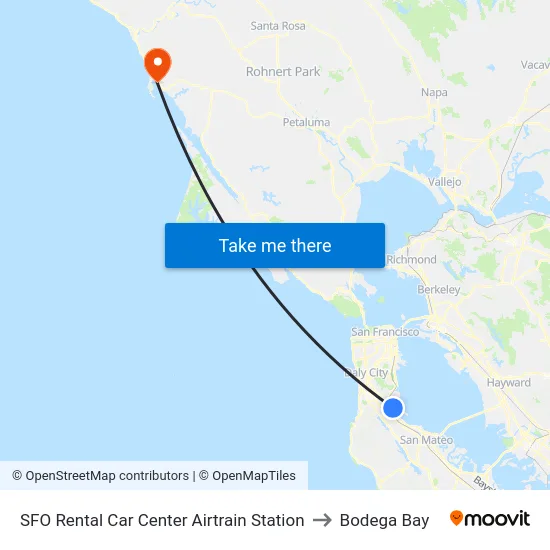 SFO Rental Car Center Airtrain Station to Bodega Bay map