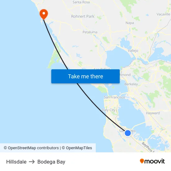 Hillsdale to Bodega Bay map