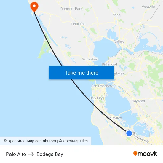 Palo Alto to Bodega Bay map