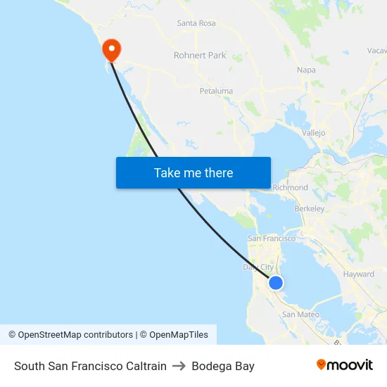 South San Francisco Caltrain to Bodega Bay map
