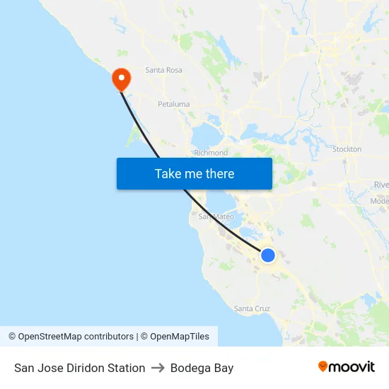 San Jose Diridon Station to Bodega Bay map