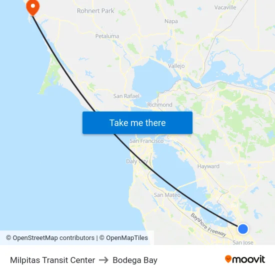 Milpitas Transit Center to Bodega Bay map