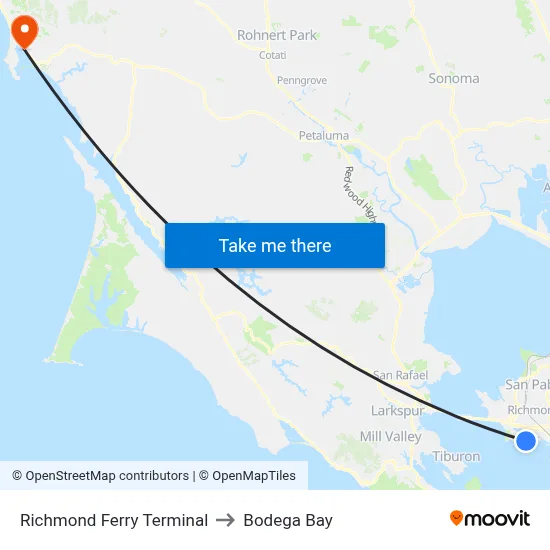 Richmond Ferry Terminal to Bodega Bay map