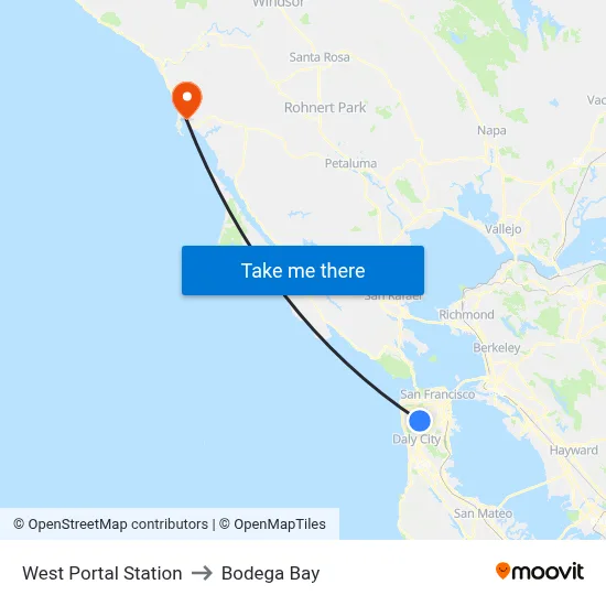 West Portal Station to Bodega Bay map