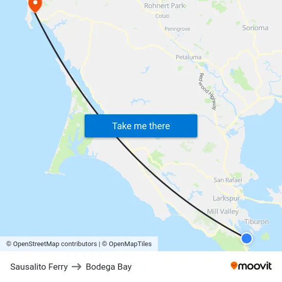 Sausalito Ferry to Bodega Bay map