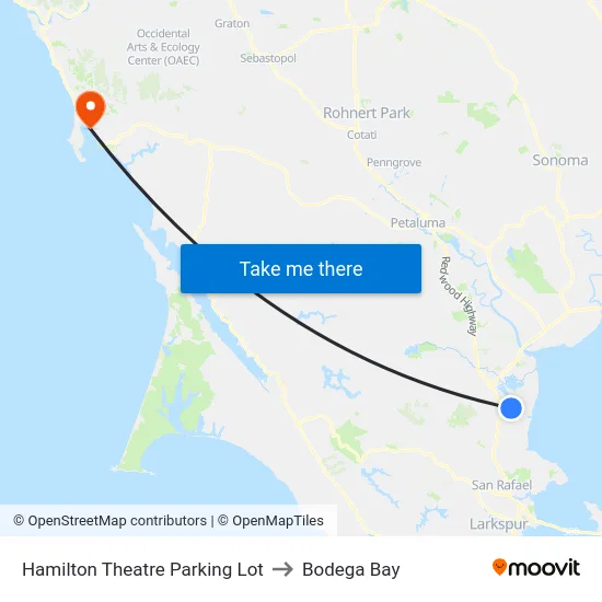 Hamilton Theatre Parking Lot to Bodega Bay map