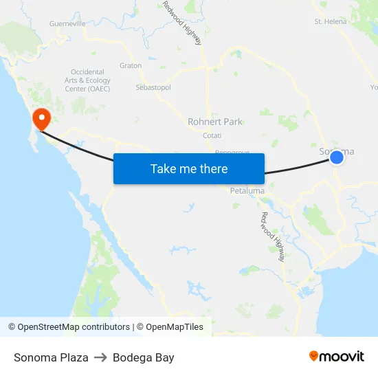 Sonoma Plaza to Bodega Bay map