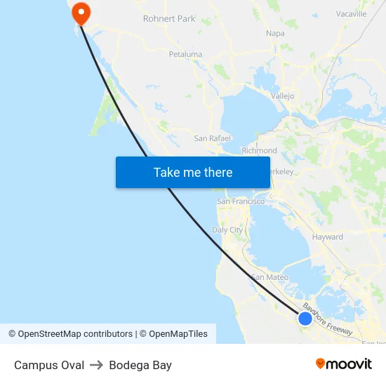 Campus Oval to Bodega Bay map