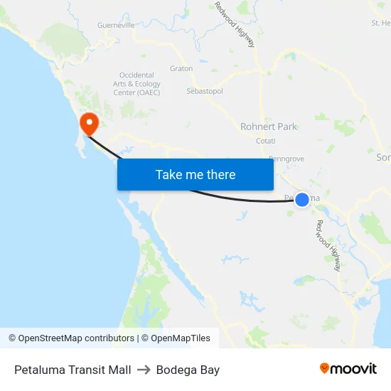 Petaluma Transit Mall to Bodega Bay map
