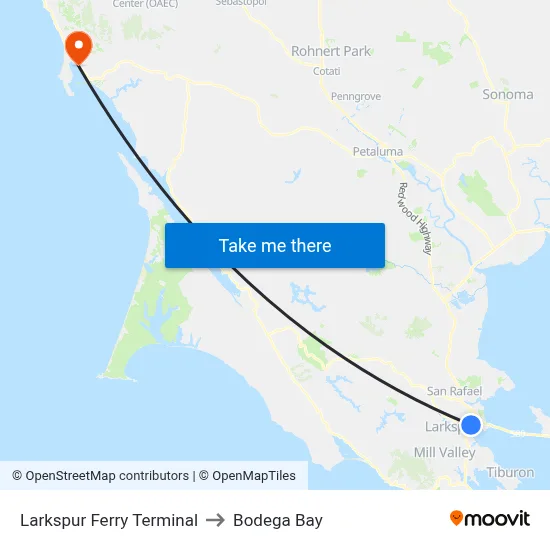 Larkspur to Bodega Bay map