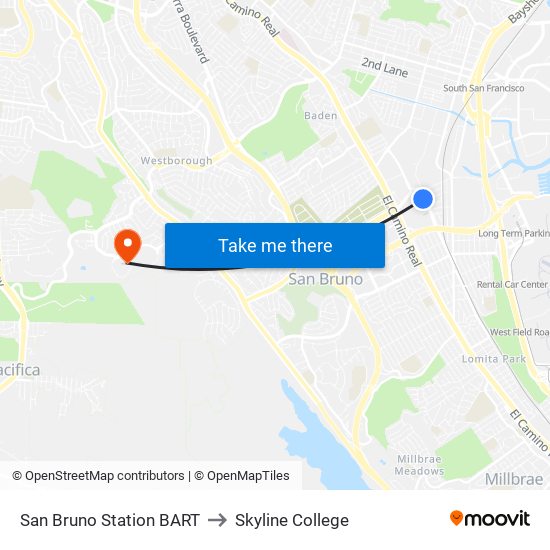 San Bruno Station BART to Skyline College map
