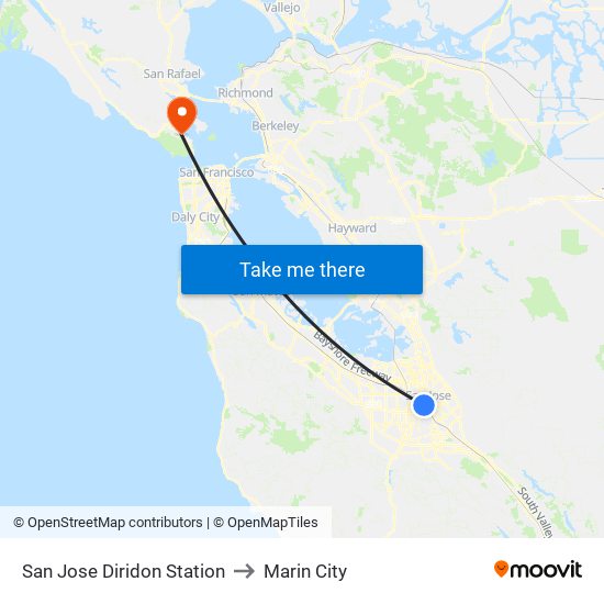 San Jose Diridon Station to Marin City map