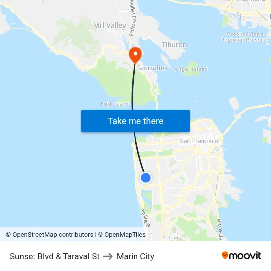 Sunset Blvd & Taraval St to Marin City map