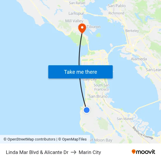 Linda Mar Blvd & Alicante Dr to Marin City map