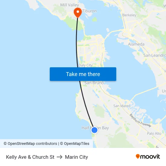Kelly Ave & Church St to Marin City map