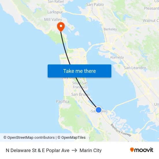 N Delaware St & E Poplar Ave to Marin City map