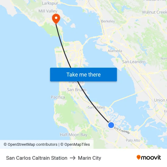 San Carlos Caltrain Station to Marin City map
