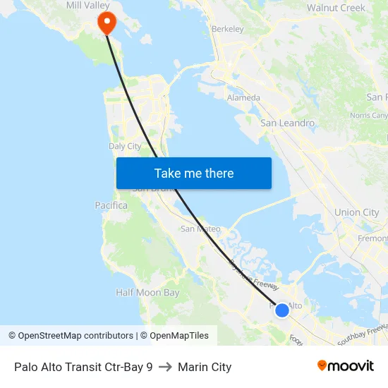Palo Alto Transit Ctr-Bay 9 to Marin City map