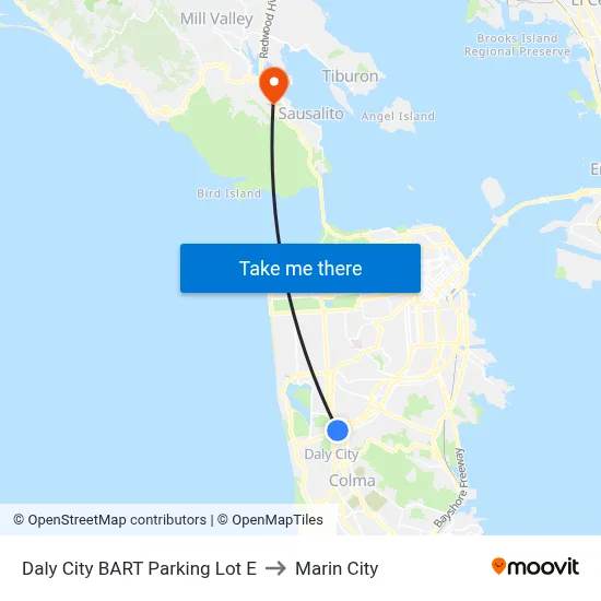 Daly City BART Parking Lot E to Marin City map