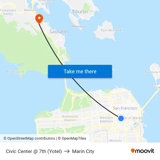 Civic Center @ 7th (Yotel) to Marin City map