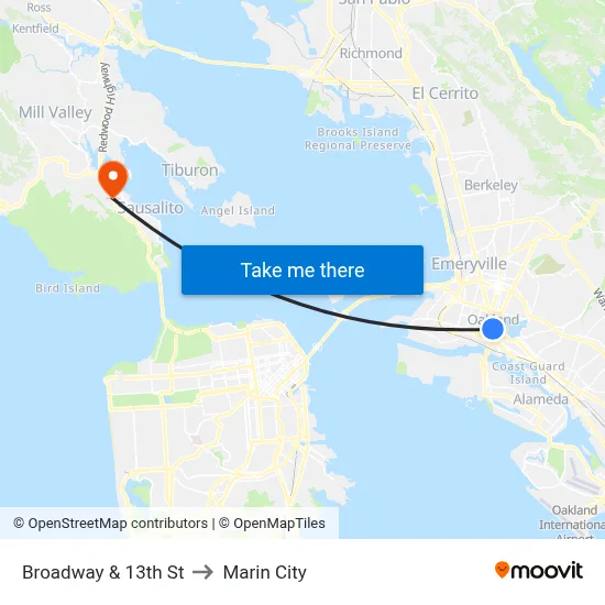 Broadway & 13th St to Marin City map