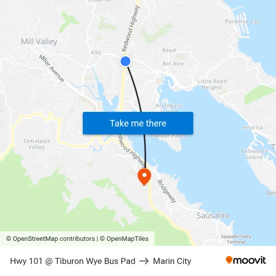 Hwy 101 @ Tiburon Wye Bus Pad to Marin City map