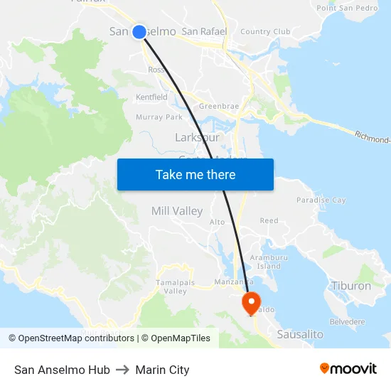 San Anselmo Hub to Marin City map