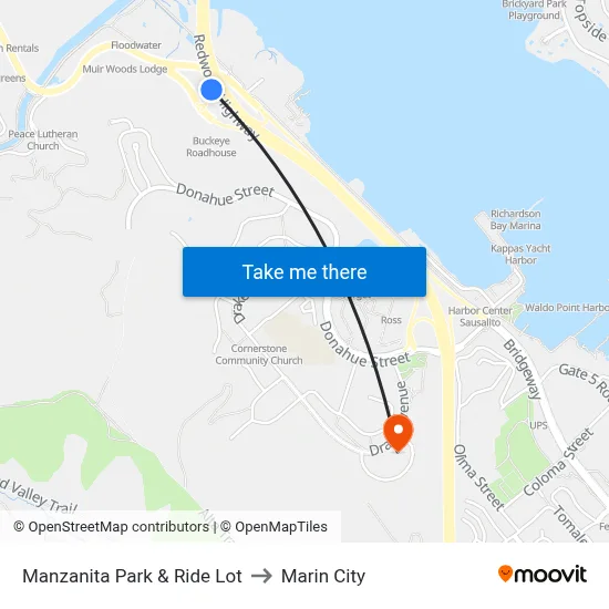 Manzanita Park & Ride Lot to Marin City map