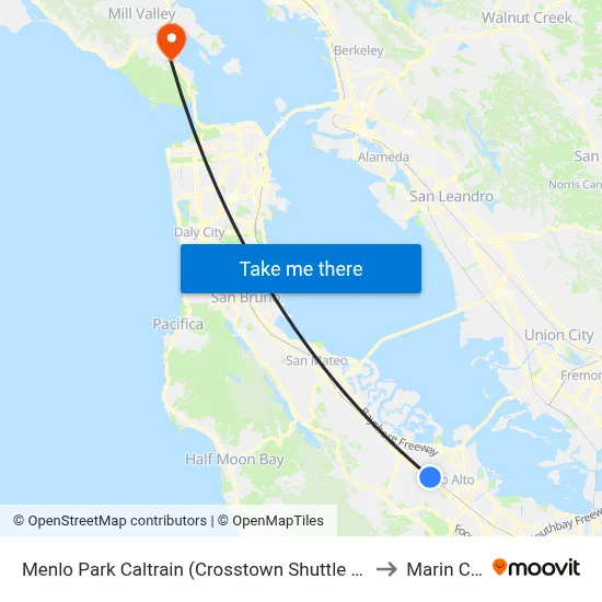 Menlo Park Caltrain (Crosstown Shuttle Stop) to Marin City map