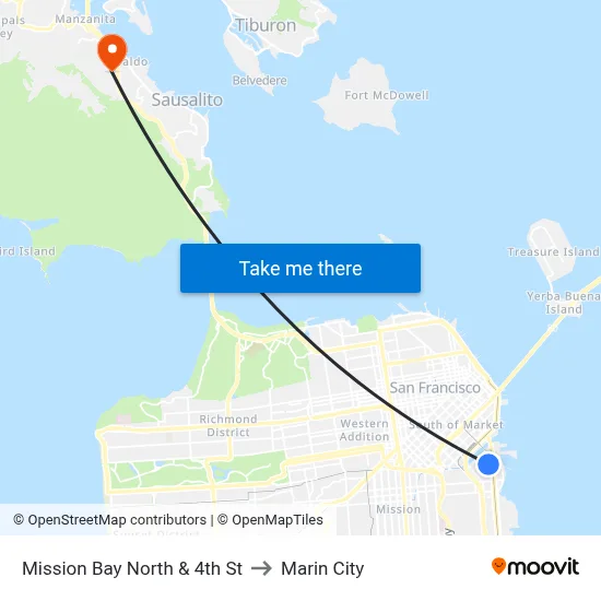Mission Bay North & 4th St to Marin City map