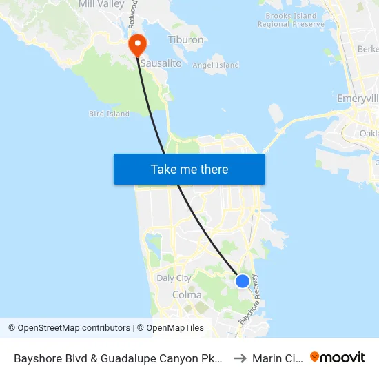 Bayshore Blvd & Guadalupe Canyon Pkwy to Marin City map