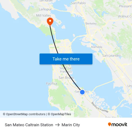 San Mateo Caltrain Station to Marin City map