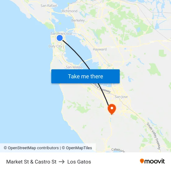 Market St & Castro St to Los Gatos map