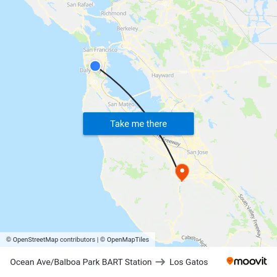 Ocean Ave/Balboa Park BART Station to Los Gatos map