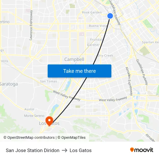 San Jose Station Diridon to Los Gatos map