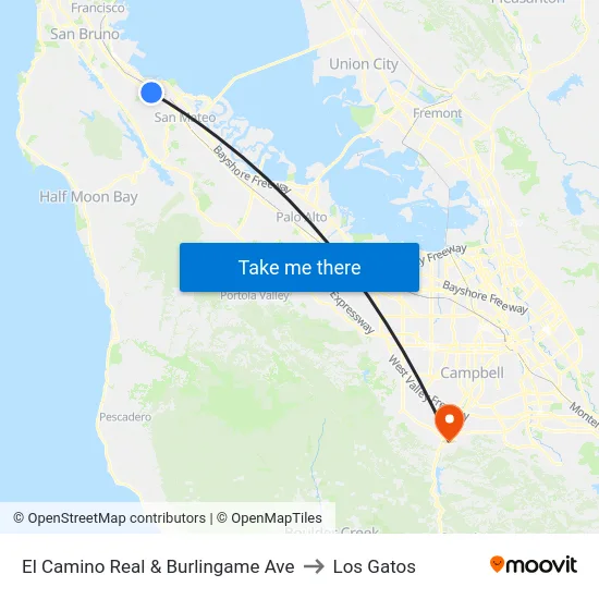 El Camino Real & Burlingame Ave to Los Gatos map