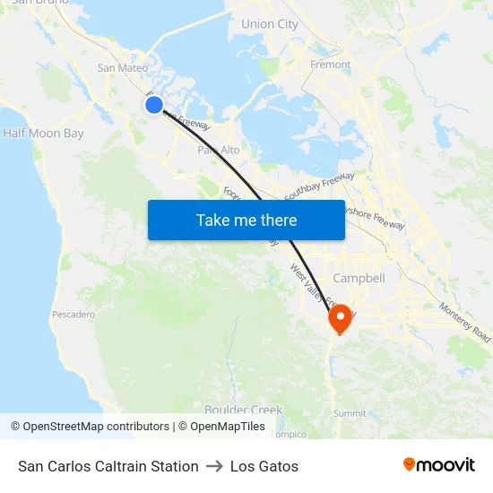 San Carlos Caltrain Station to Los Gatos map