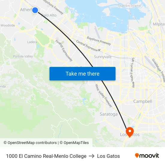 1000 El Camino Real-Menlo College to Los Gatos map
