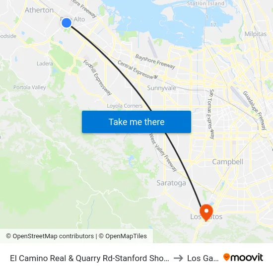 El Camino Real & Quarry Rd-Stanford Shopping Ctr to Los Gatos map