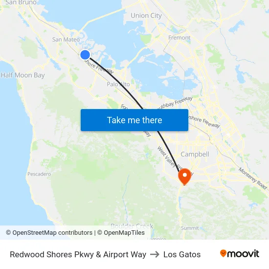 Redwood Shores Pkwy & Airport Way to Los Gatos map