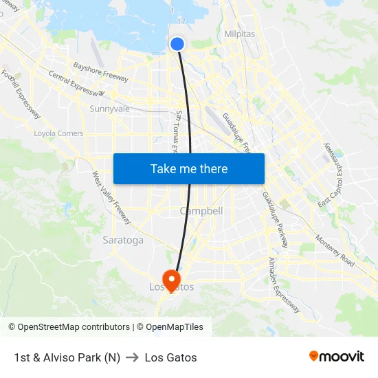 1st & Alviso Park (N) to Los Gatos map