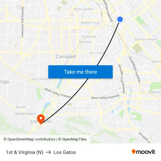 1st & Virginia (N) to Los Gatos map