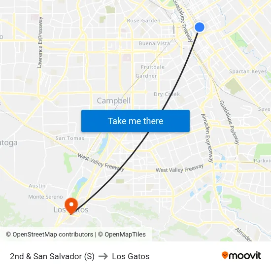 2nd & San Salvador (S) to Los Gatos map