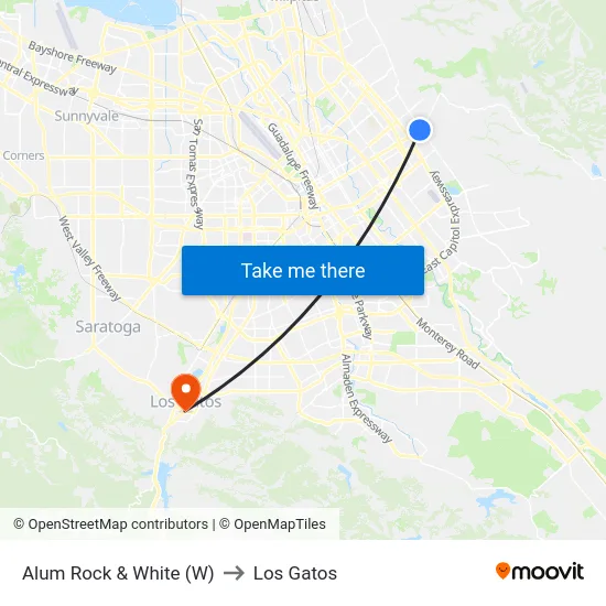 Alum Rock & White (W) to Los Gatos map