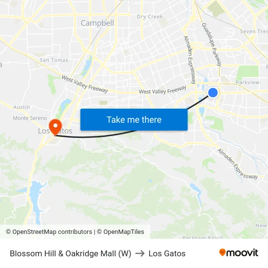Blossom Hill & Oakridge Mall (W) to Los Gatos map
