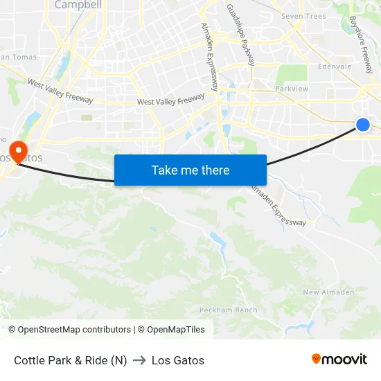 Cottle Park & Ride (N) to Los Gatos map